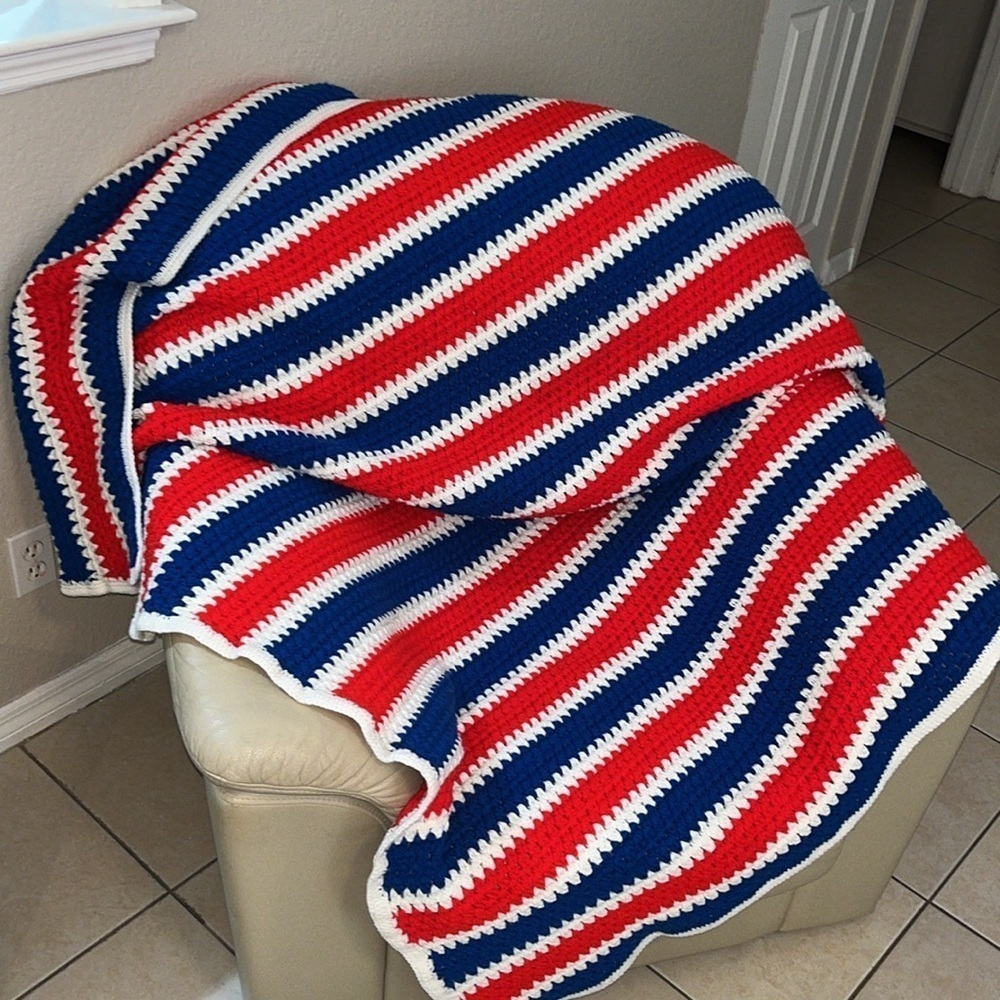 Handmade Patriotic Crochet Afghan Red White Blue Blanket 79”X 66”